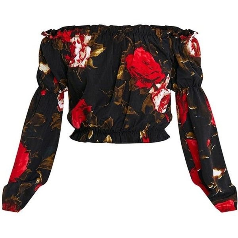 PLT Red Floral spring Bardot Crop Top Off Shoulder